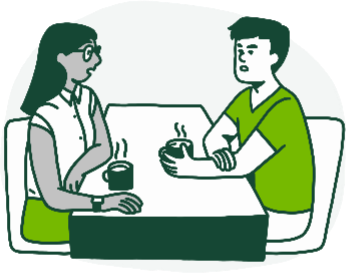 Illustration of a man and a woman at a table drinking coffee