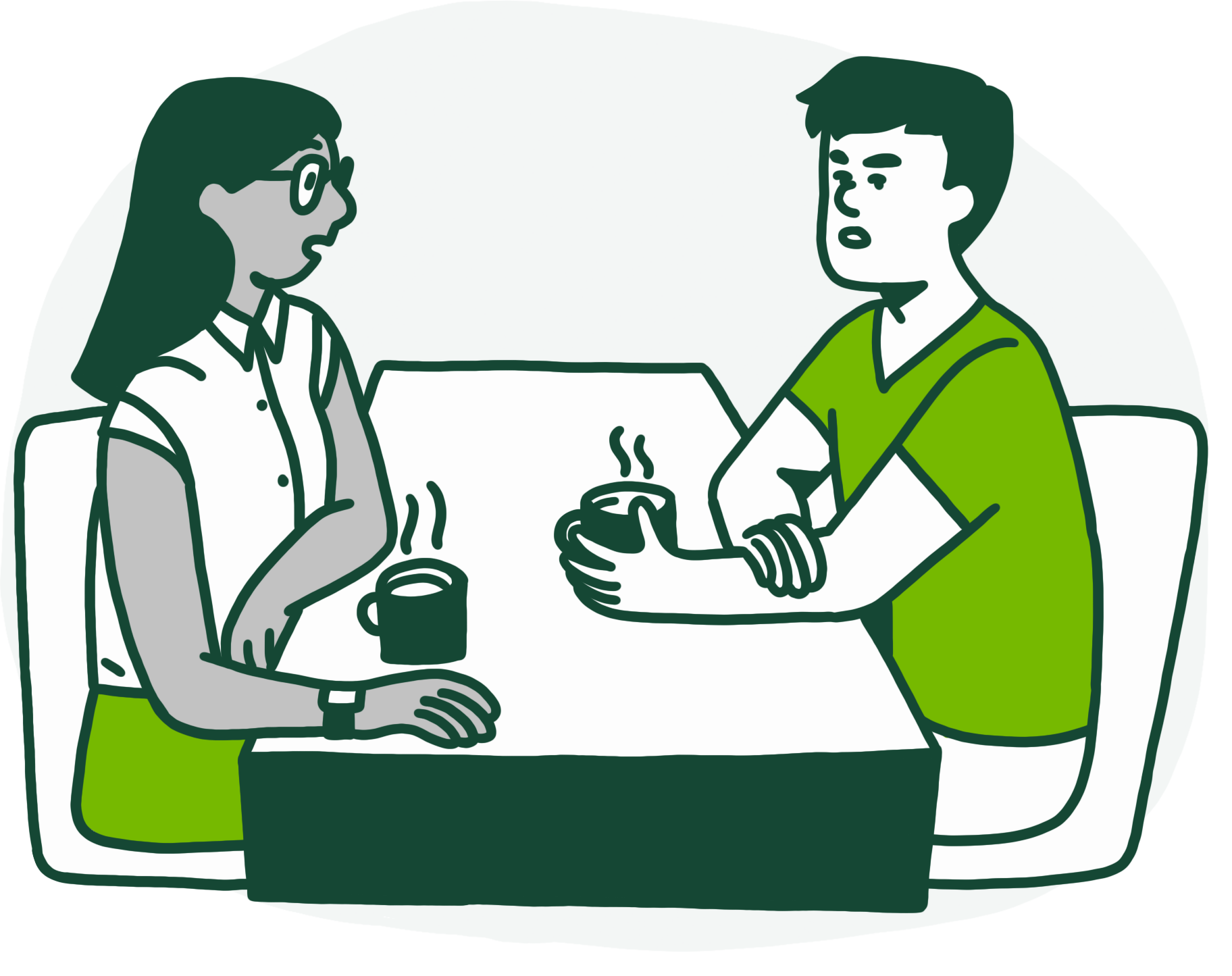 Illustration of man and woman having coffee at a table