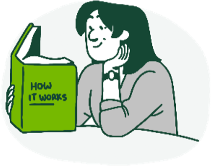 Illustration of a woman reading a book titled "How it Works"