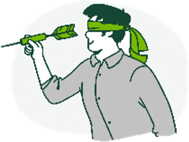 Illustration of a blindfolded man holding a large dart aiming at something to the left