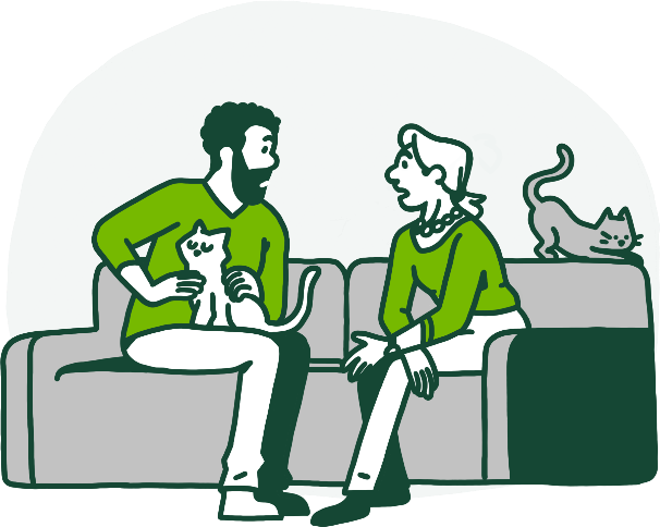 Illustration of a couple sitting on a couch with two cats